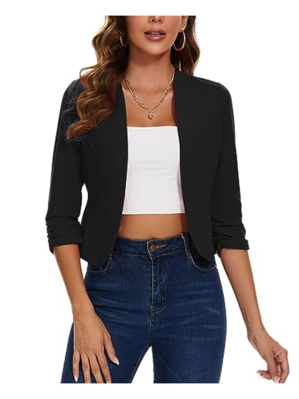 Cropped Blazer 3/4 Ruched Sleeve Open Front Cardigan Suit Jacket